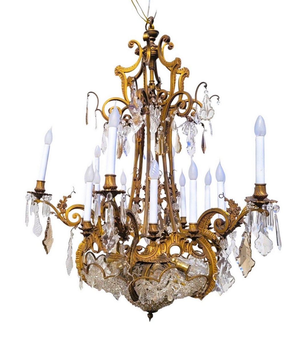 Grand lustre H130cm, bronze et cristal, début XXème siècle