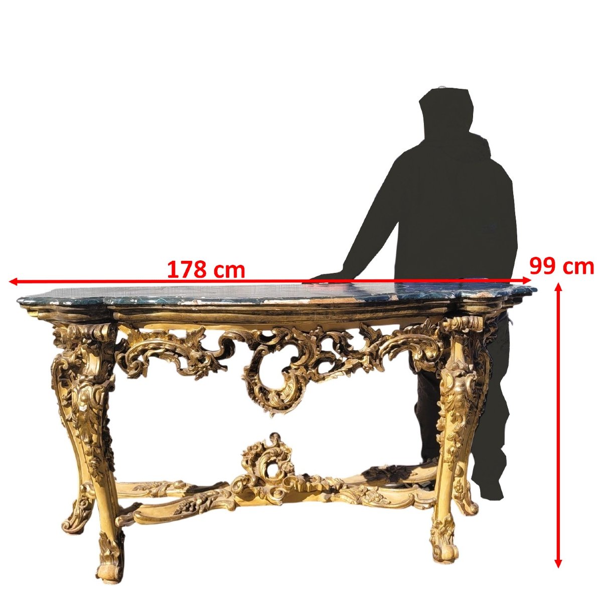 Grande console L178cm, bois laqué et doré à mecca, Début XVIIIème siècle-photo-2