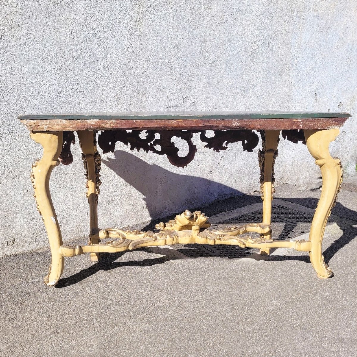 Grande console L178cm, bois laqué et doré à mecca, Début XVIIIème siècle-photo-3