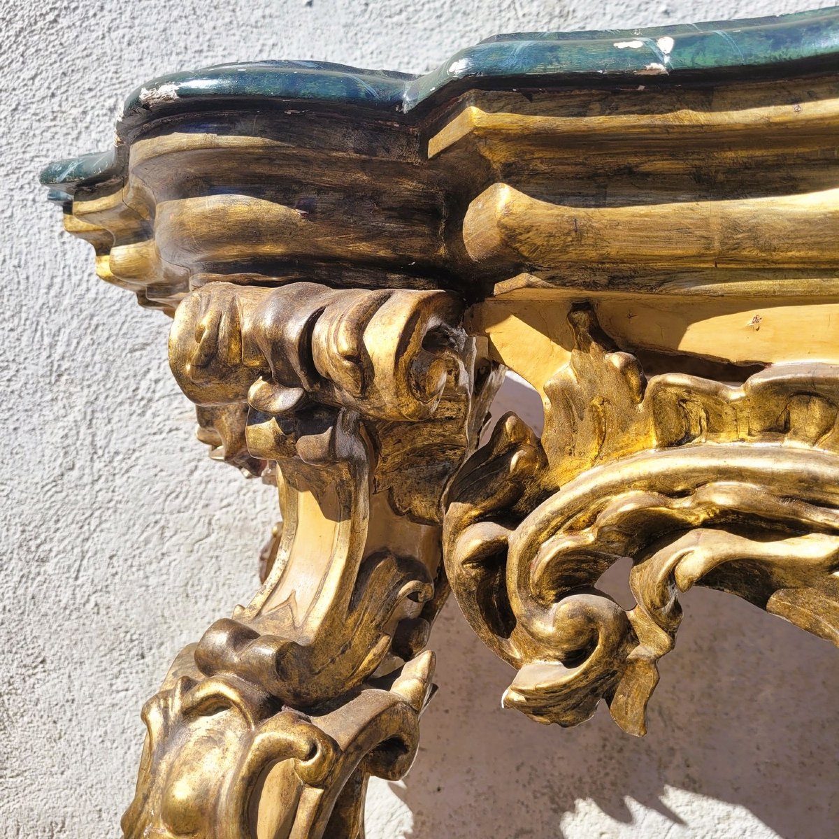 Grande console L178cm, bois laqué et doré à mecca, Début XVIIIème siècle-photo-1