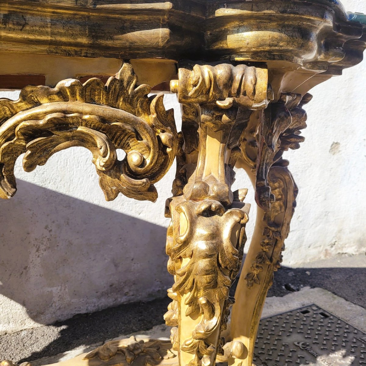 Grande console L178cm, bois laqué et doré à mecca, Début XVIIIème siècle-photo-2