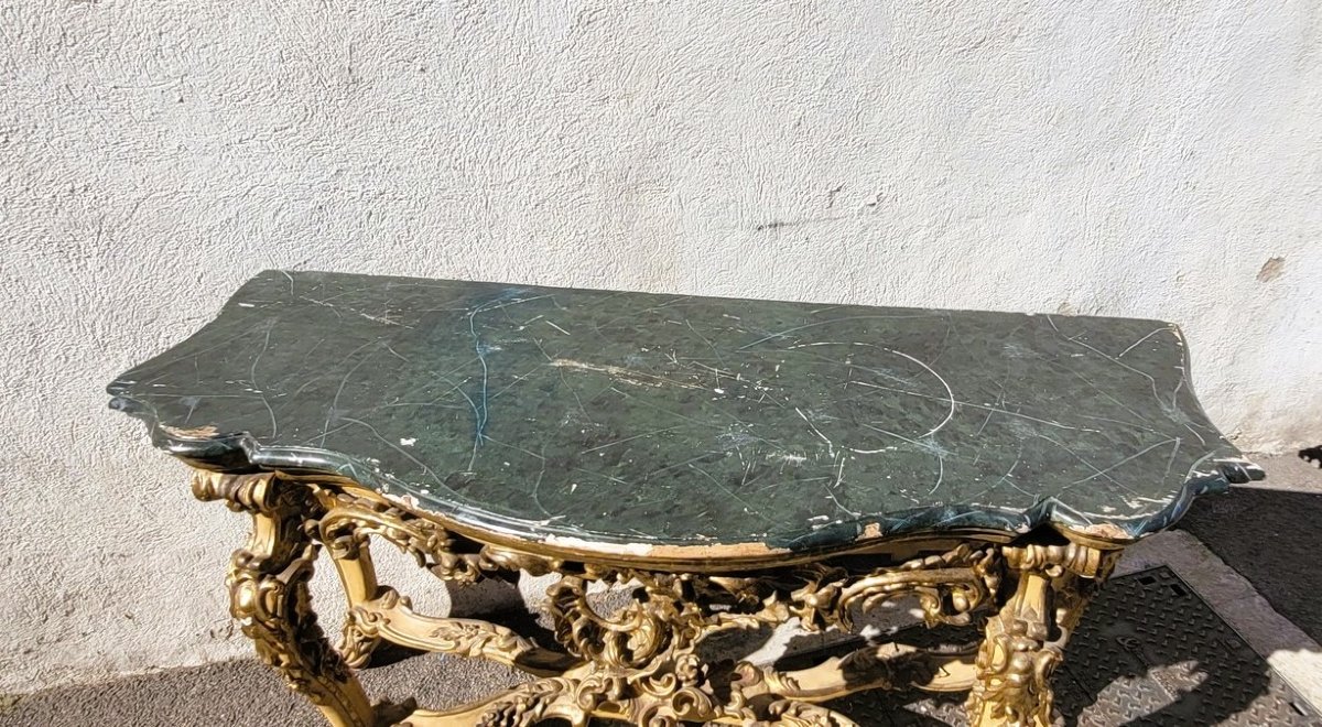 Grande console L178cm, bois laqué et doré à mecca, Début XVIIIème siècle-photo-3