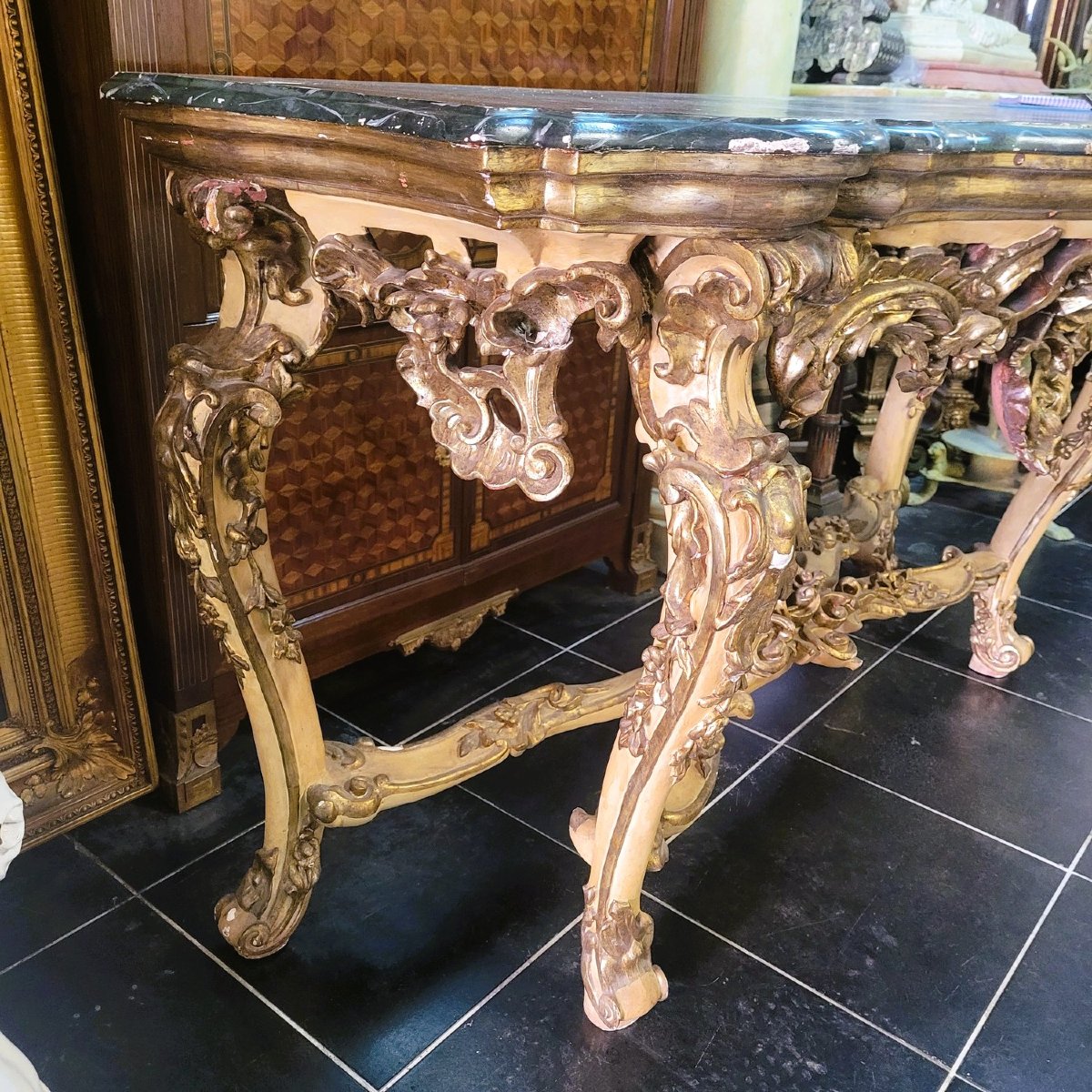Grande console L178cm, bois laqué et doré à mecca, Début XVIIIème siècle-photo-7
