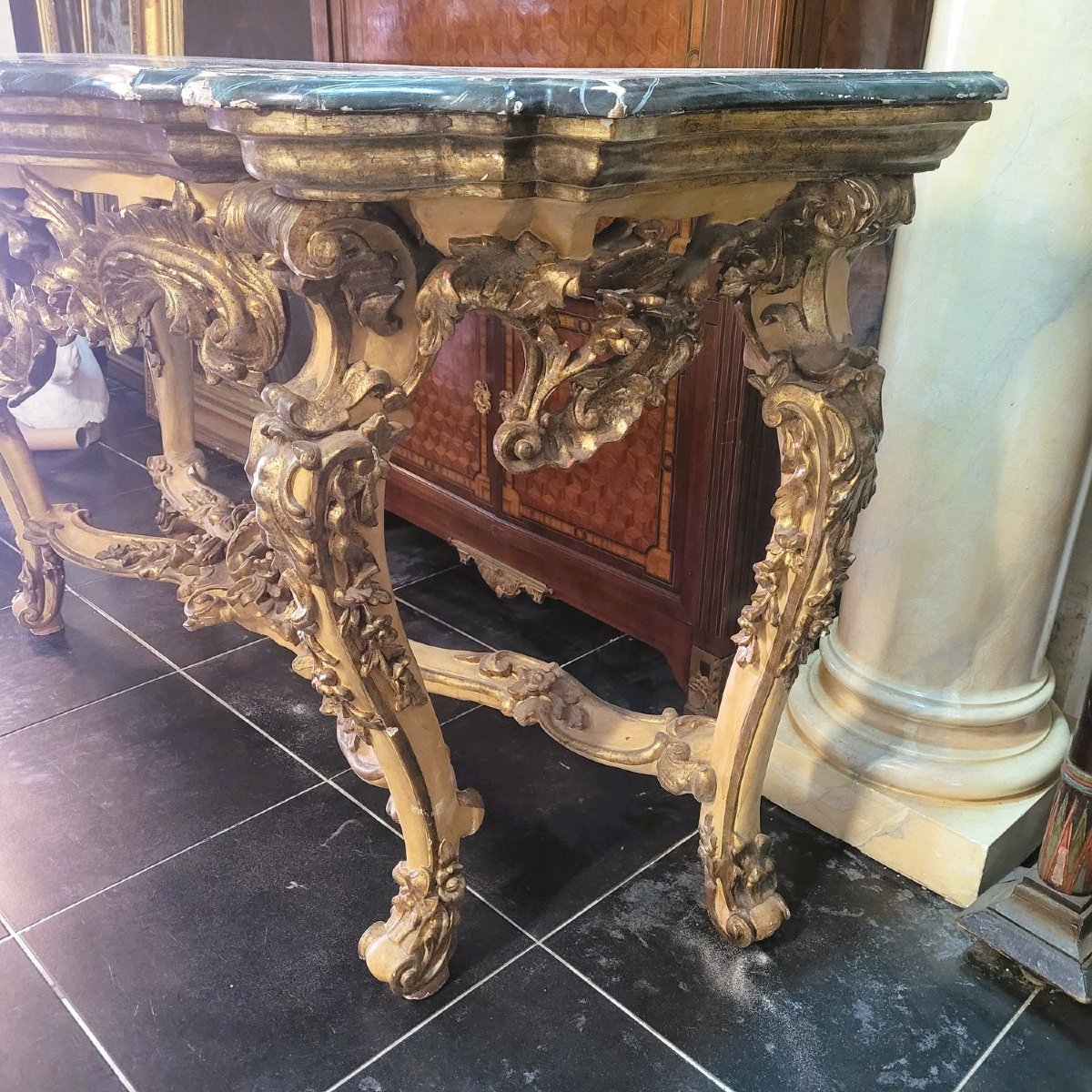 Grande console L178cm, bois laqué et doré à mecca, Début XVIIIème siècle-photo-8