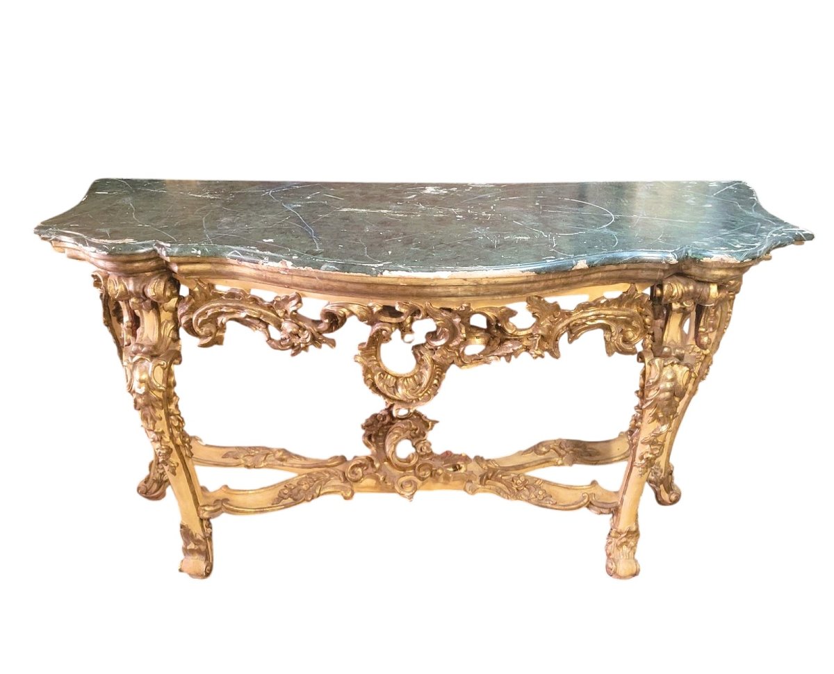 Grande console L178cm, bois laqué et doré à mecca, Début XVIIIème siècle