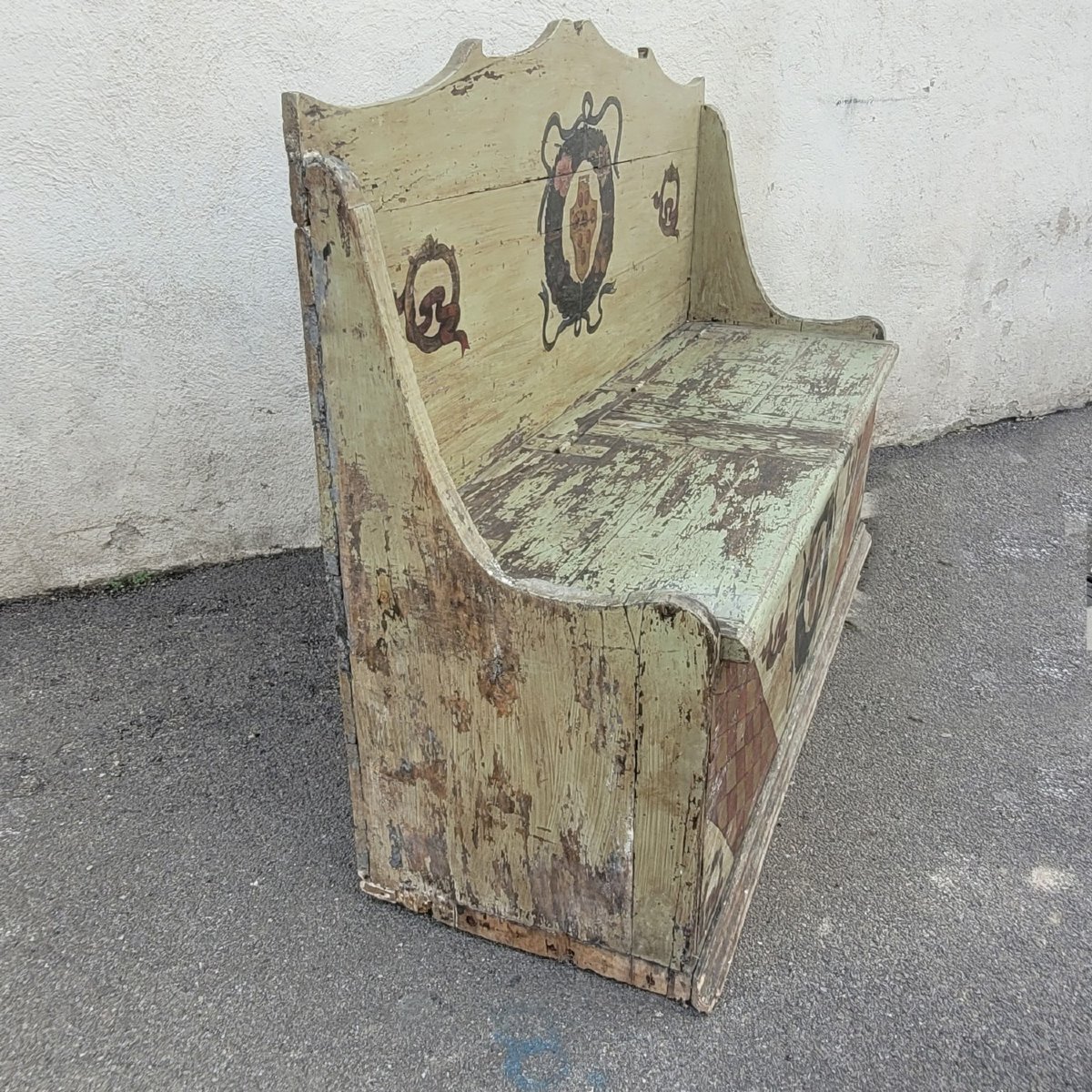 Banc-coffre à haut dossier laqué vert, Italie début XIXème siècle-photo-4