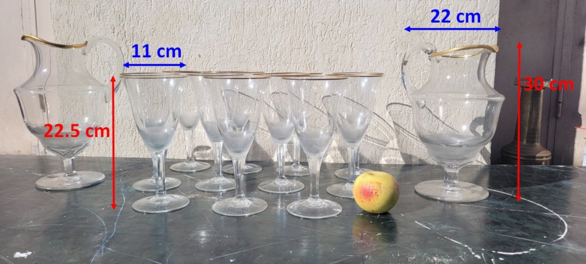 Elégant ensemble de 11 grands verres + 2 carafes, Italie XXème siècle-photo-2