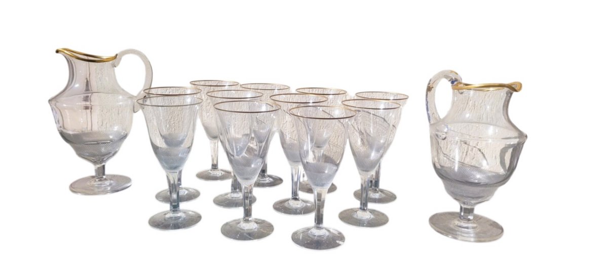 Elégant ensemble de 11 grands verres + 2 carafes, Italie XXème siècle