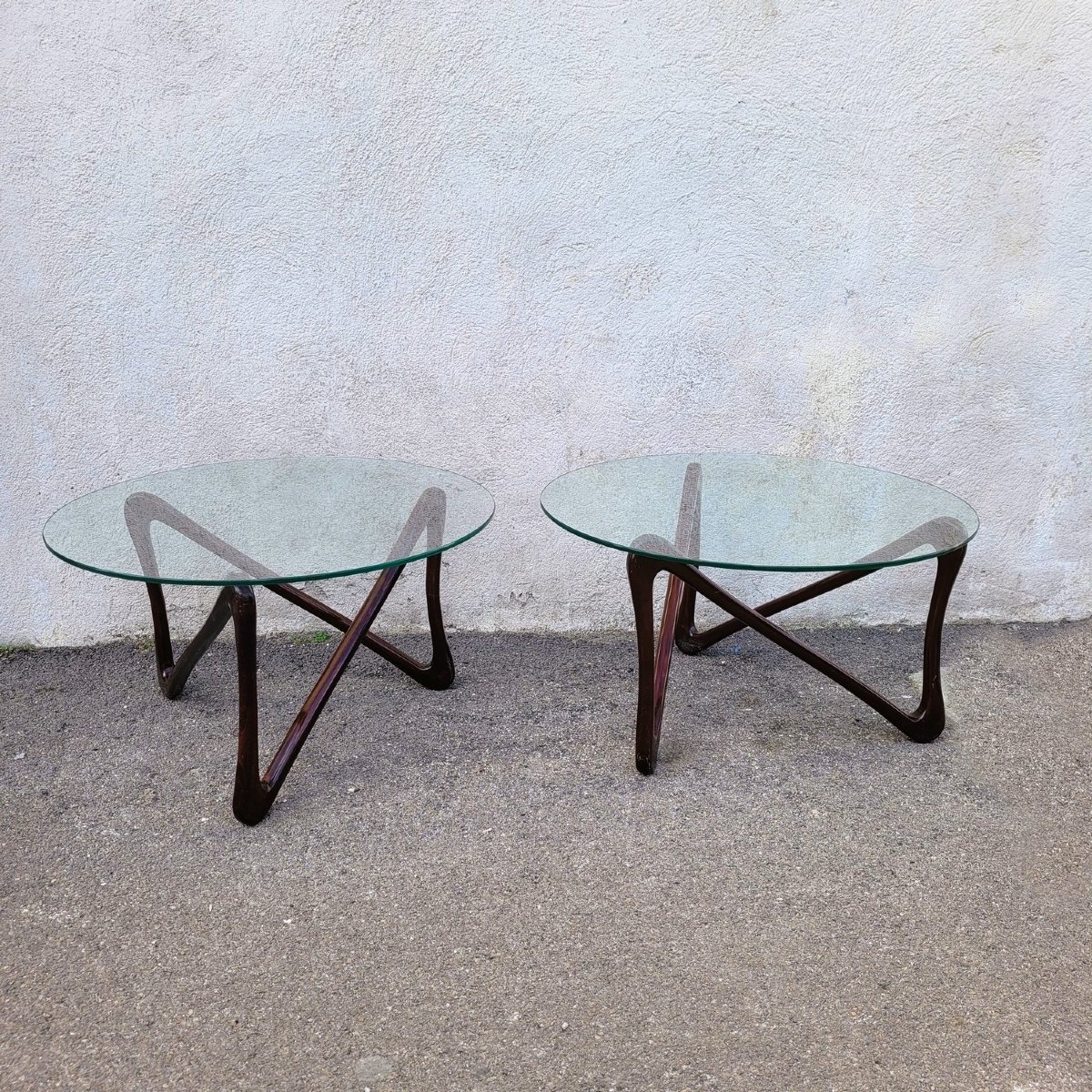 Paire de tables basses en bois et verre, design du XXème siècle-photo-2