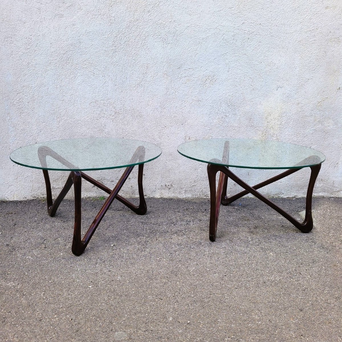 Paire de tables basses en bois et verre, design du XXème siècle-photo-3