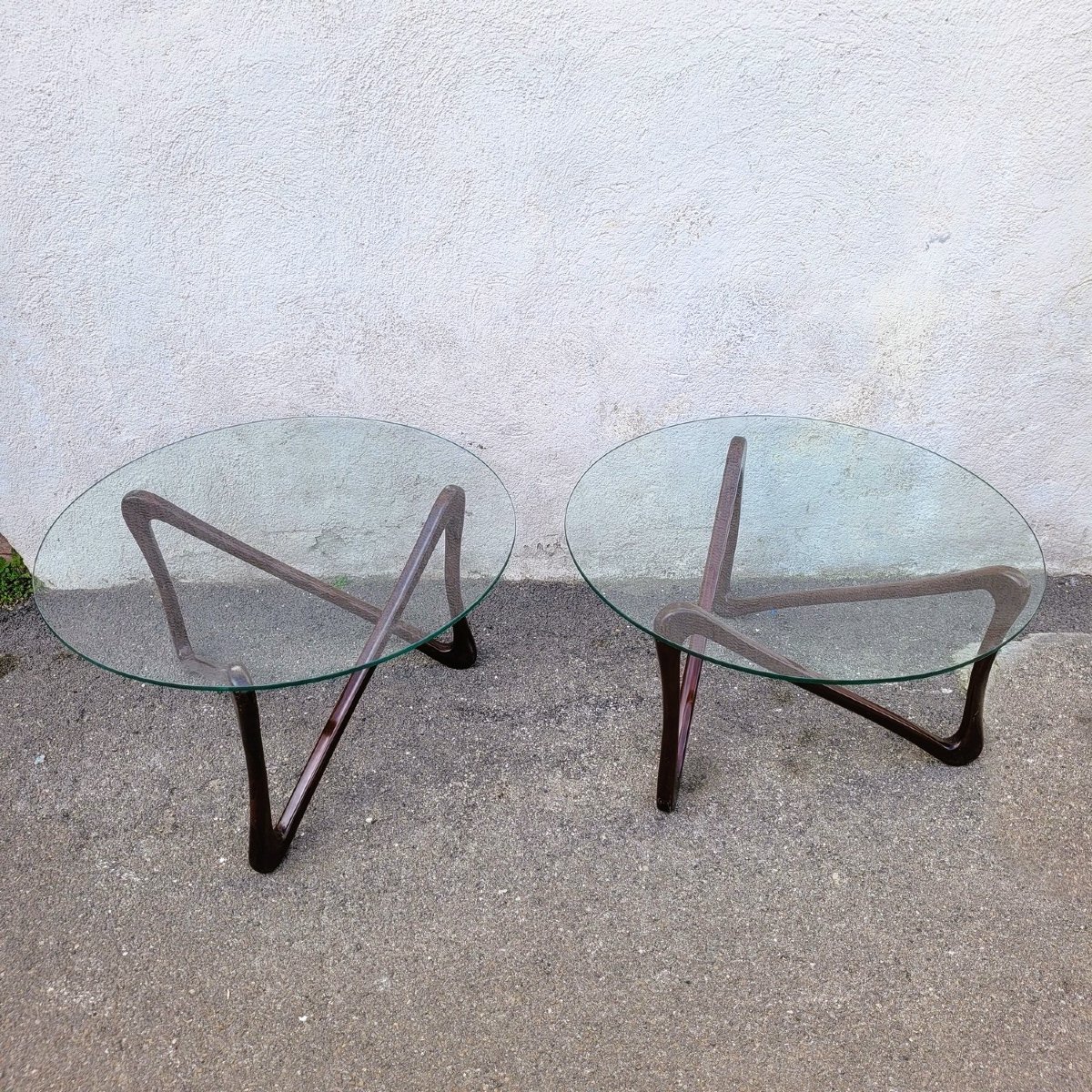Paire de tables basses en bois et verre, design du XXème siècle-photo-4