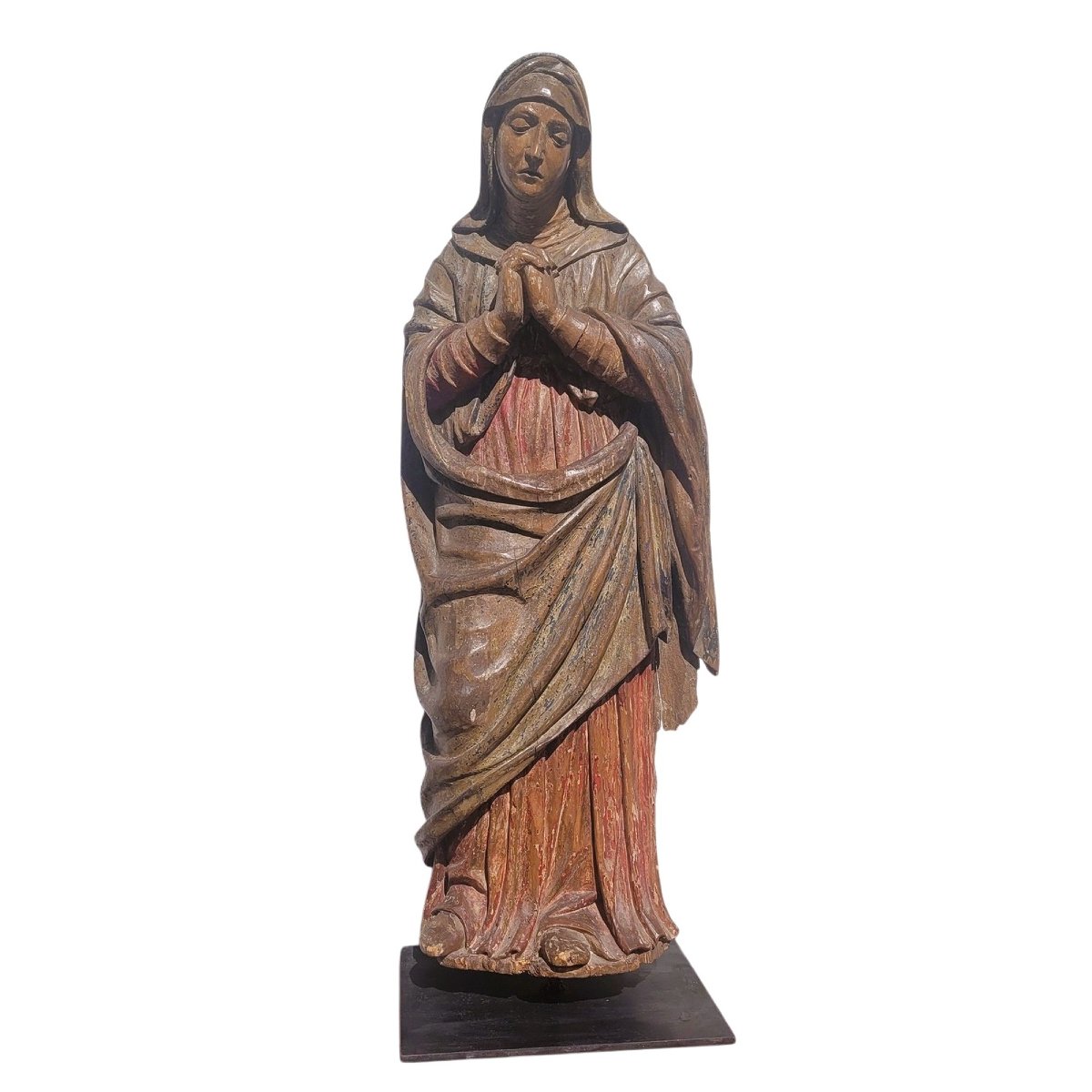 Polychrome Carved Wooden Virgin In Prayer, 16th Century, Italy