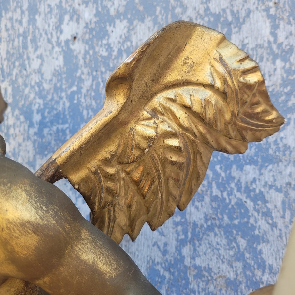 Gilded Wooden Winged Putto Holding A Lamp, Italy, 19th Century-photo-4