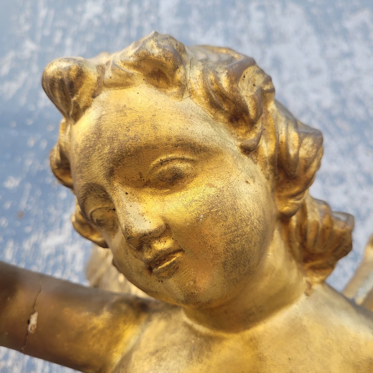 Gilded Wooden Winged Putto Holding A Lamp, Italy, 19th Century-photo-6