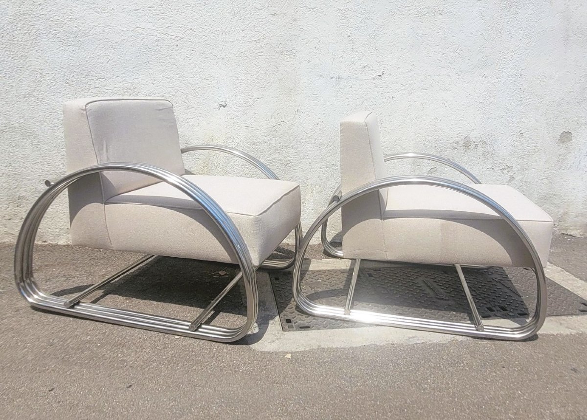 After To R. Lauren, Pair Of Large Chrome Armchairs, 20th Century-photo-3