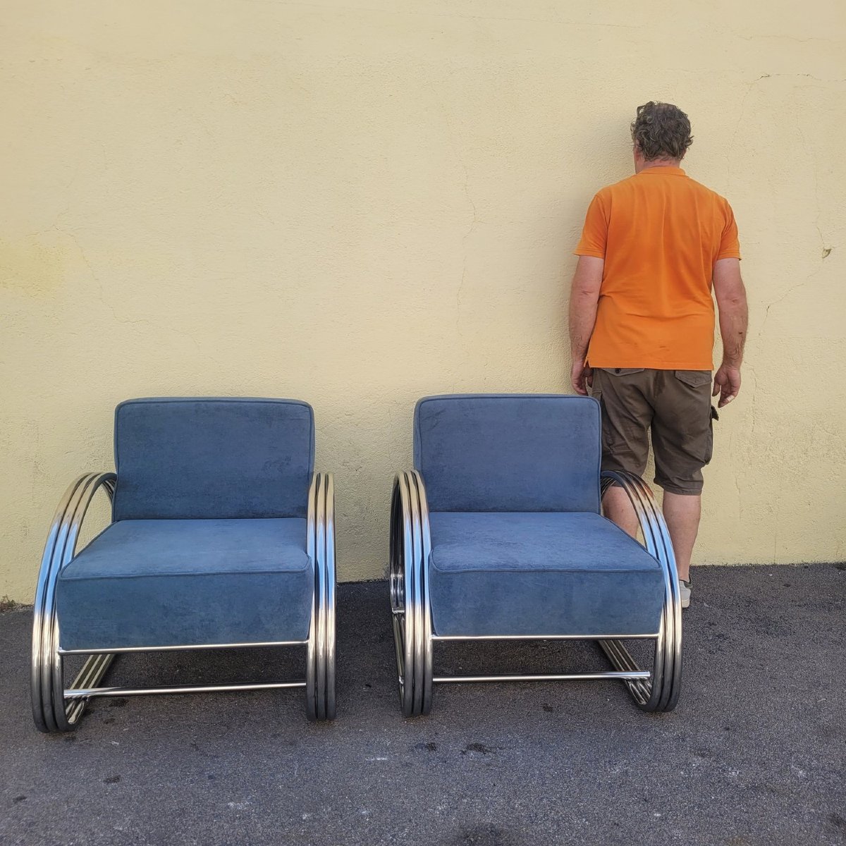 D'après R Lauren, Paire de grands fauteuils chromés, XXème siècle-photo-2