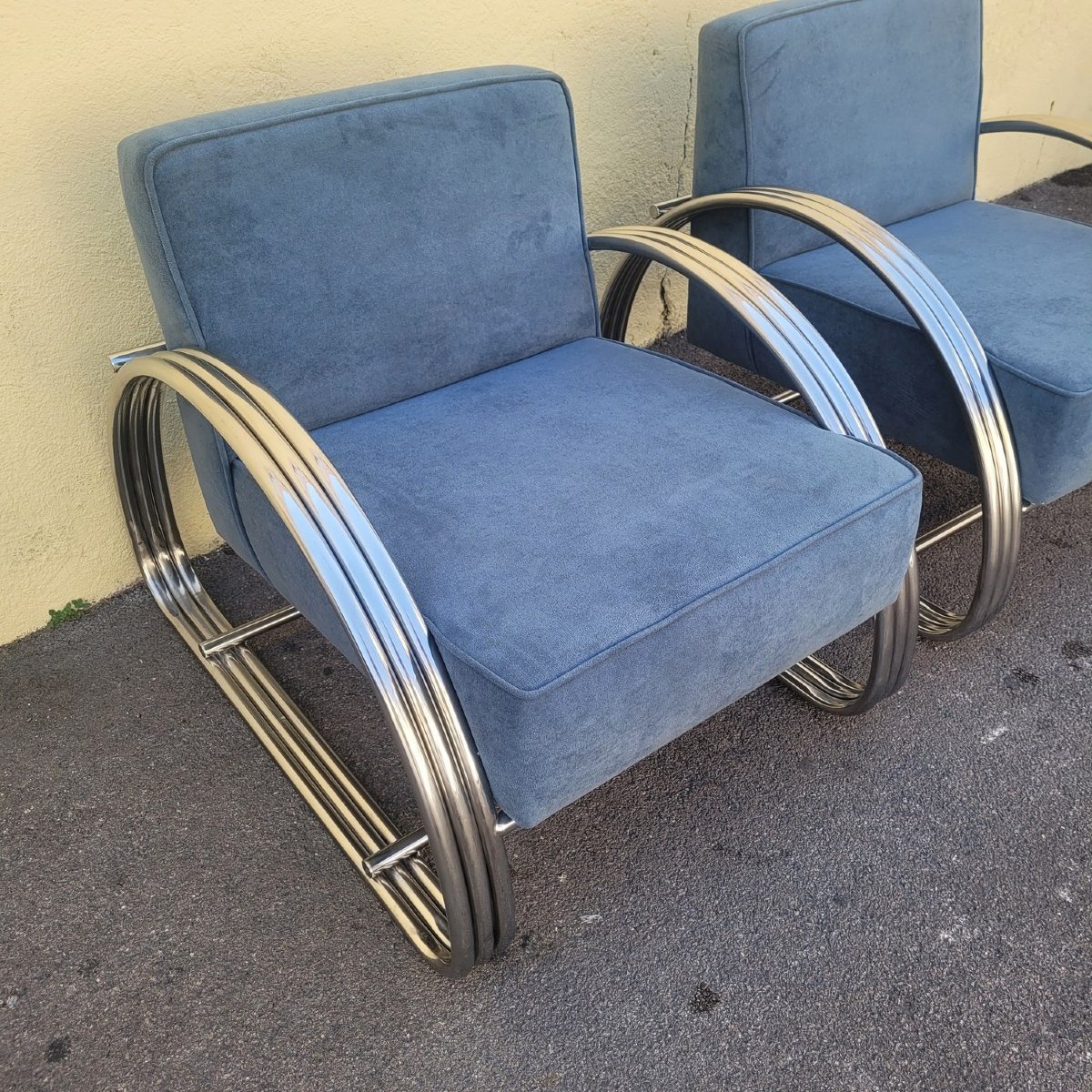 D'après R Lauren, Paire de grands fauteuils chromés, XXème siècle-photo-3
