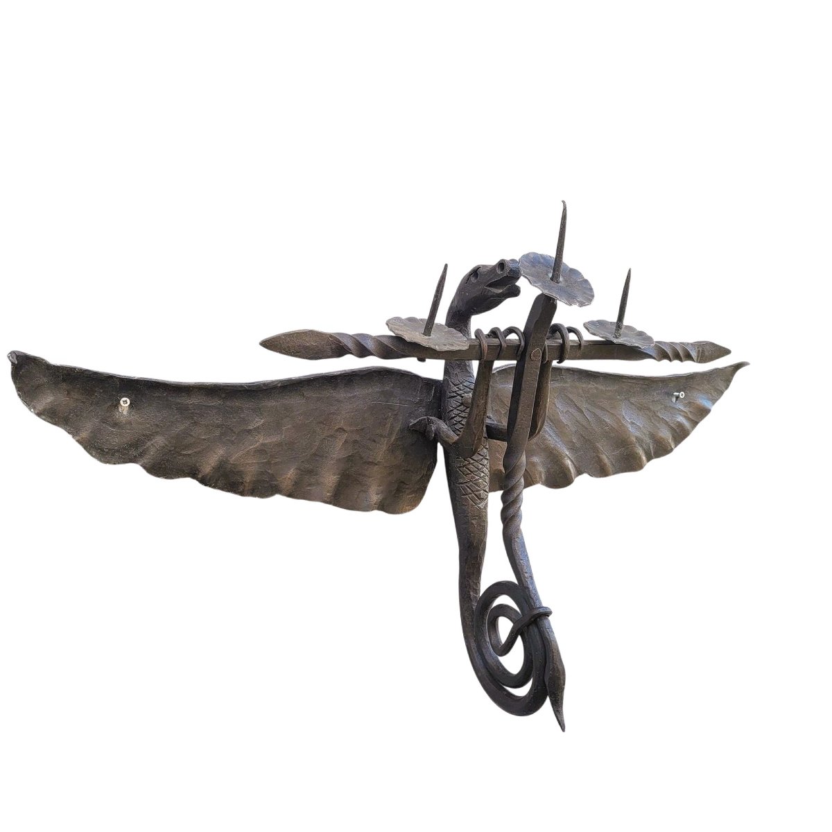 A Mazzucotelli (dans le goût de) , 2 Appliques Dragon en fer forgé, H58cm,  début XXème siècle-photo-3