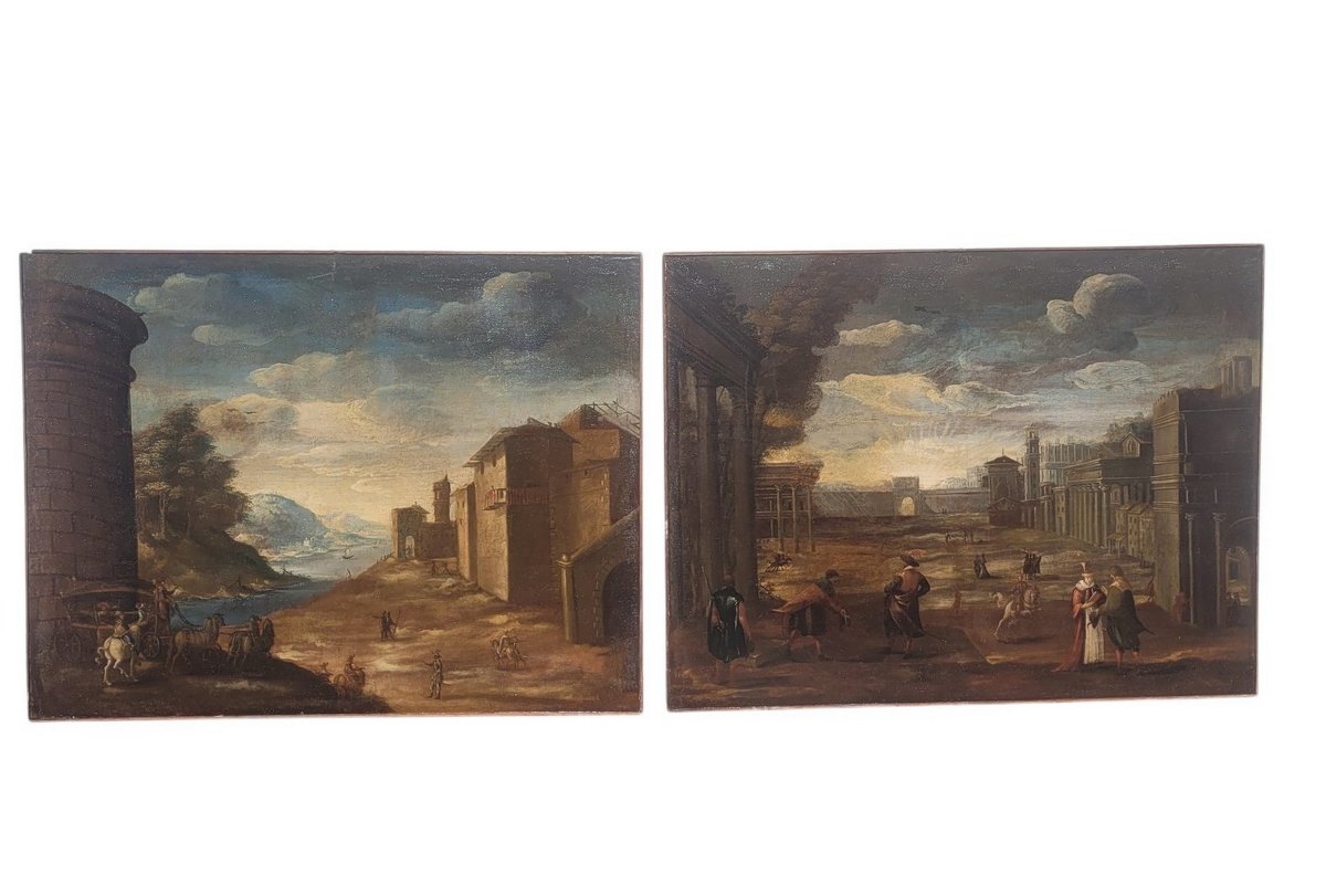 Pair Of Architectural Views, 150x115cm Italy, 17th Century