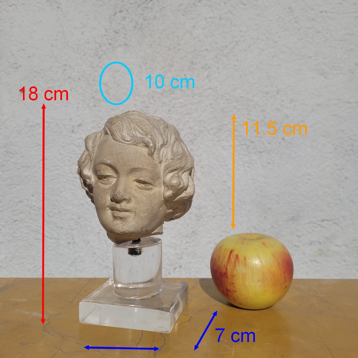 Sculpture Tête d'enfant en pierre, XVII/XVIIIème siècle-photo-2