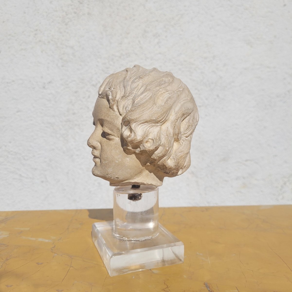 Sculpture Tête d'enfant en pierre, XVII/XVIIIème siècle-photo-3