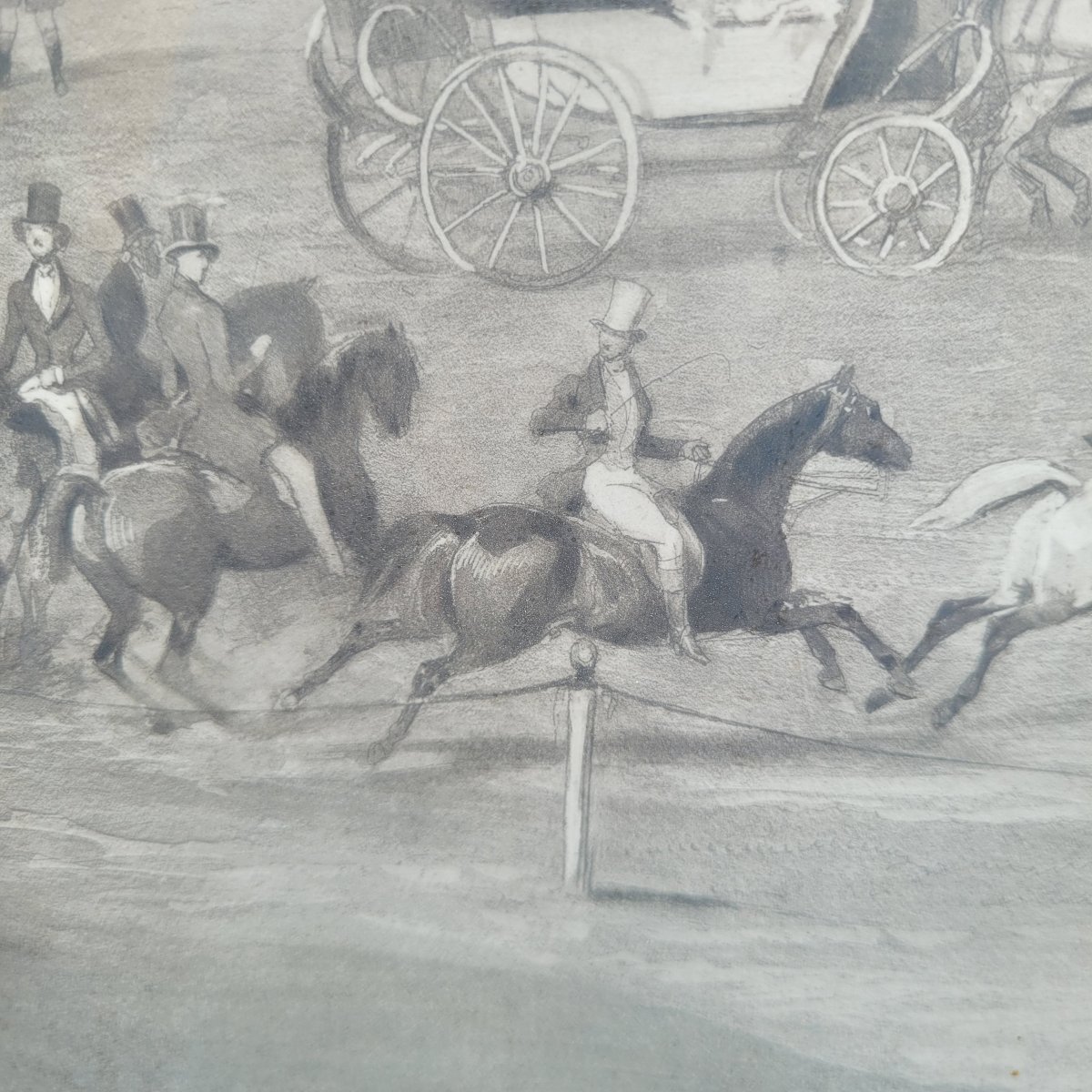 Races At Chantilly, Engraving, 82.5 X 68 Cm, 19th Century-photo-4
