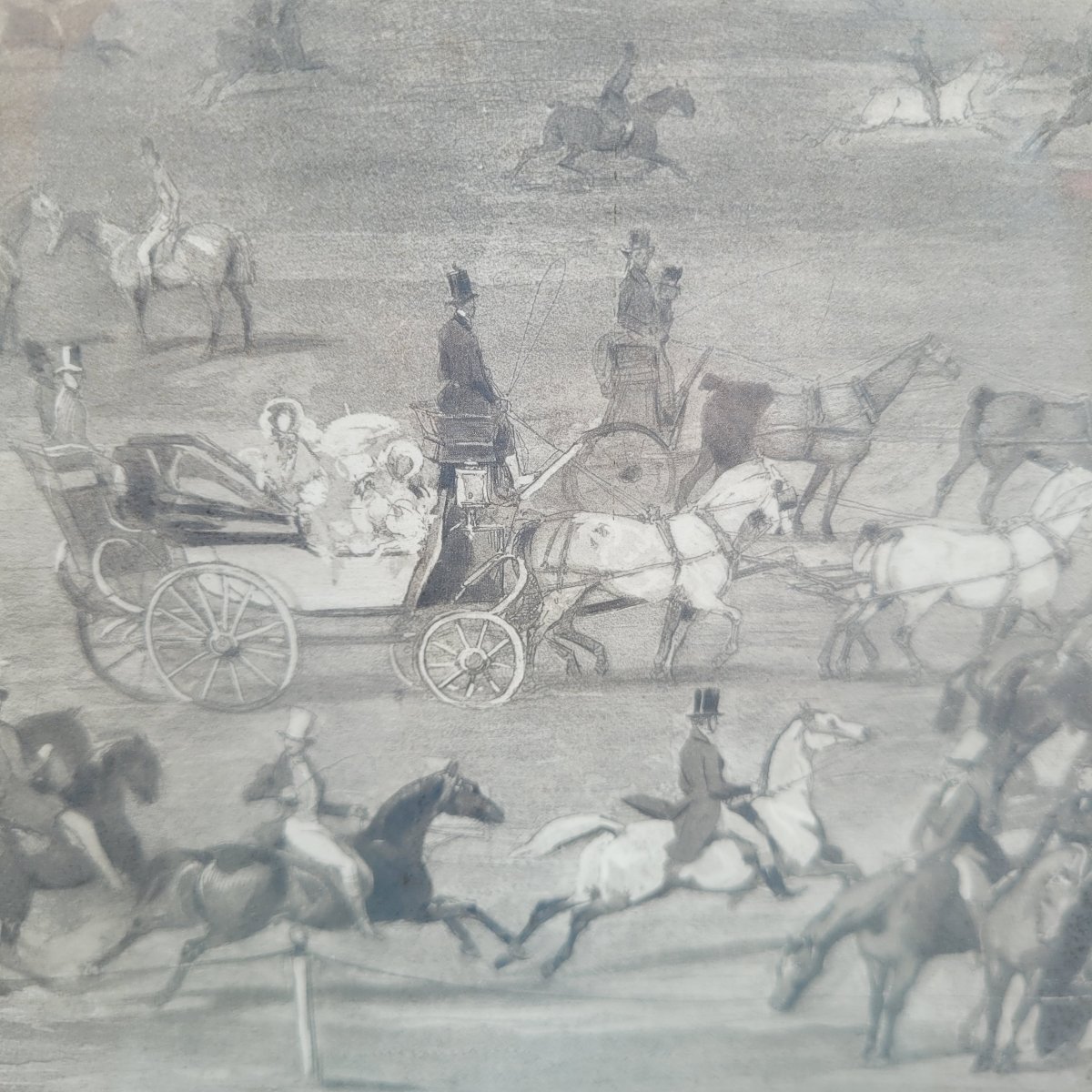 Races At Chantilly, Engraving, 82.5 X 68 Cm, 19th Century-photo-7