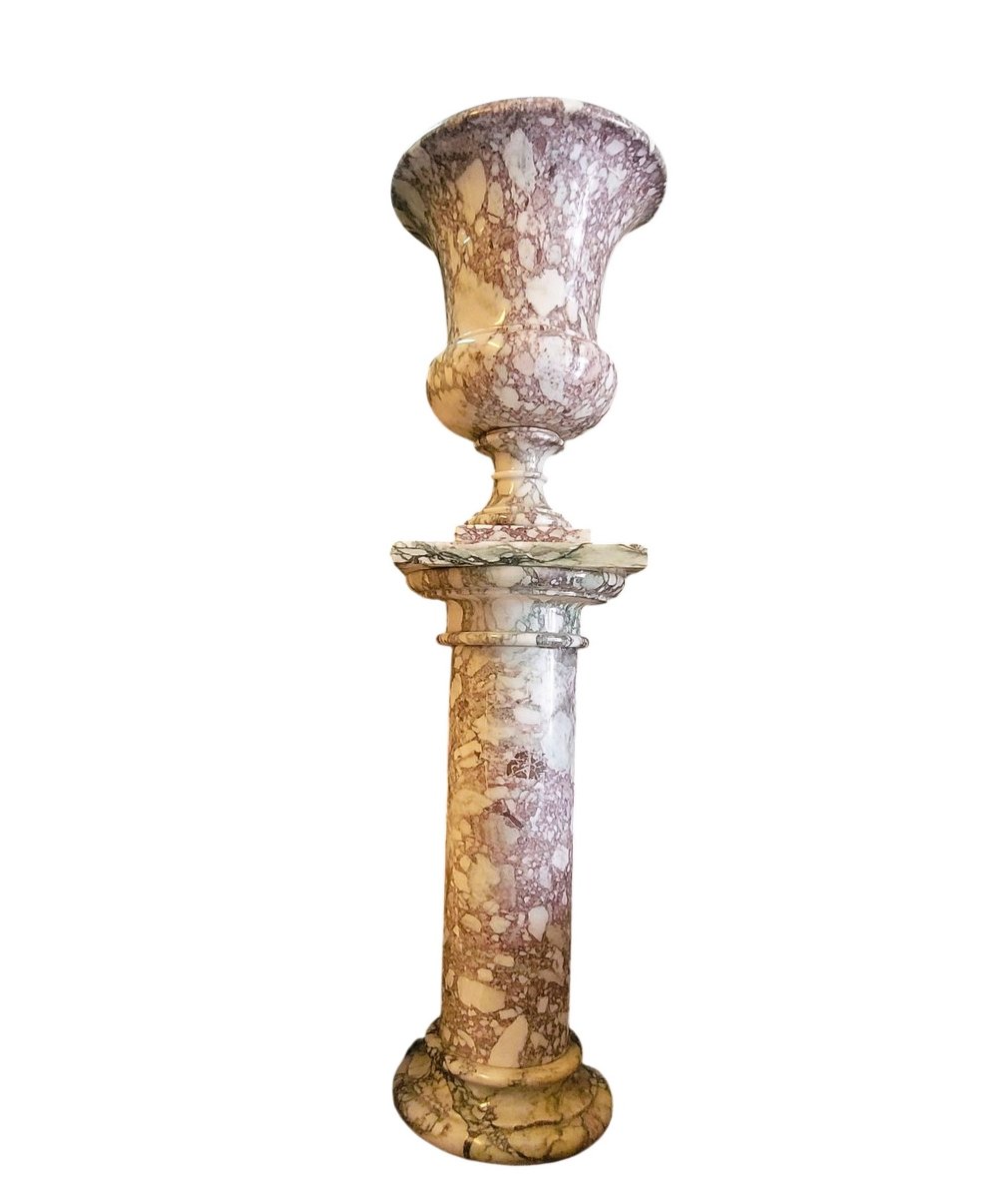 Medici Vase On A Marble Column, H171cm,  Mid-20th Century