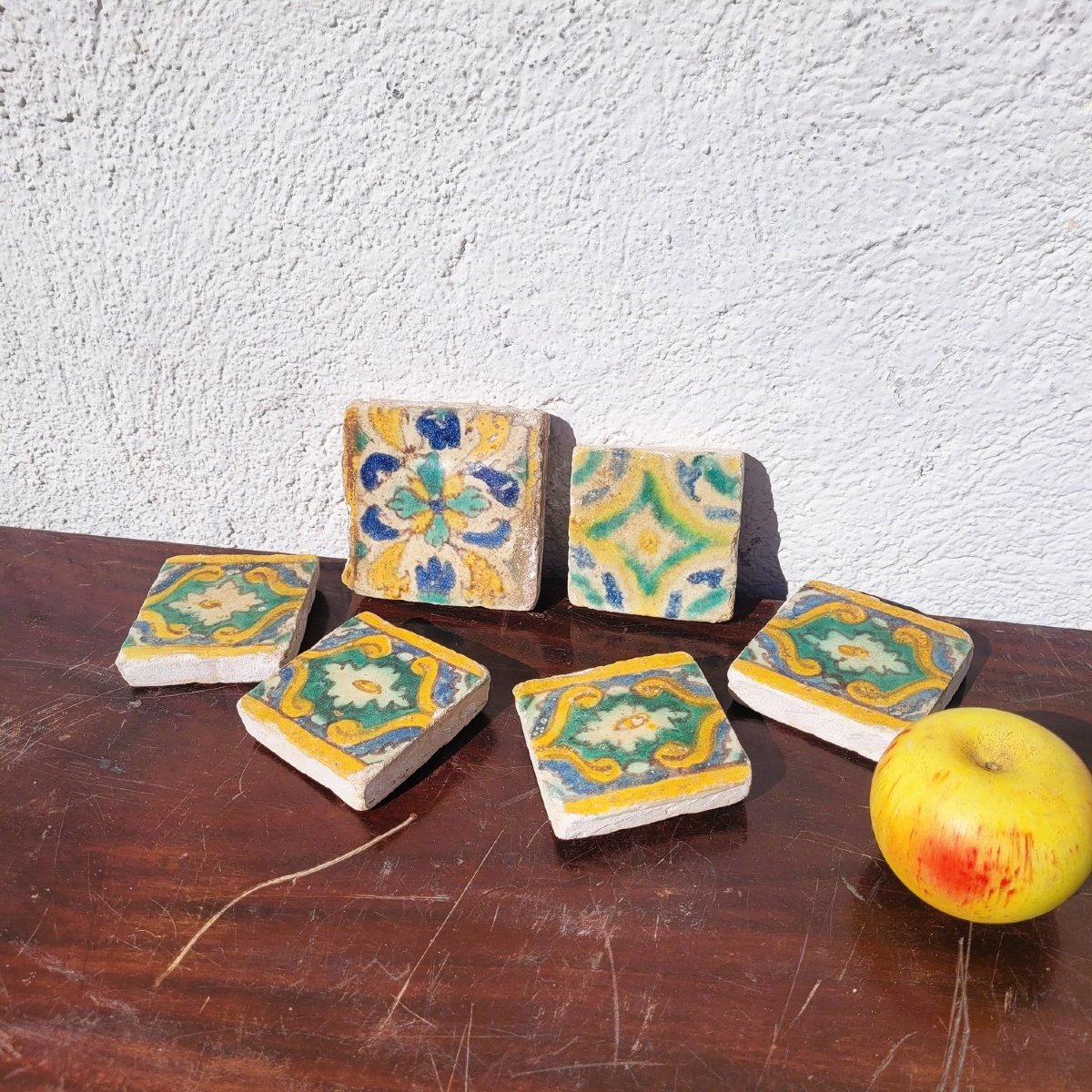 Set Of 6 Polychrome Glazed Earthenware Tiles, From Various Periods-photo-2