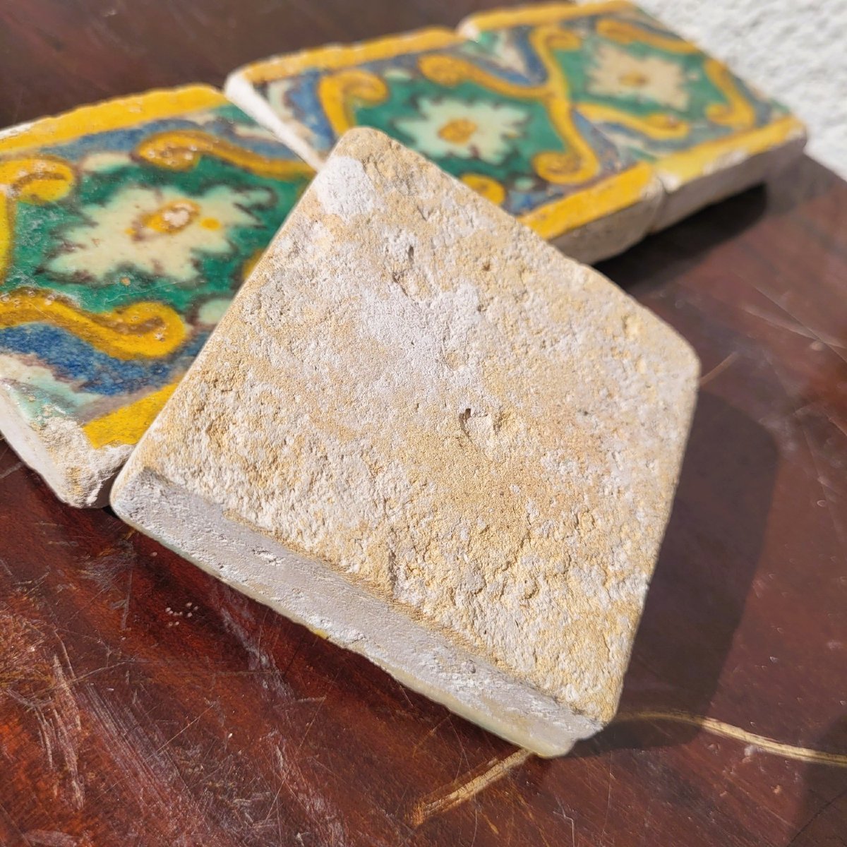 Set Of 6 Polychrome Glazed Earthenware Tiles, From Various Periods-photo-3