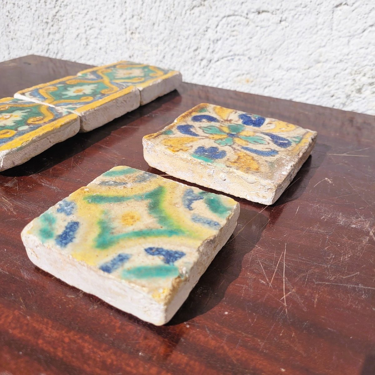 Set Of 6 Polychrome Glazed Earthenware Tiles, From Various Periods-photo-6