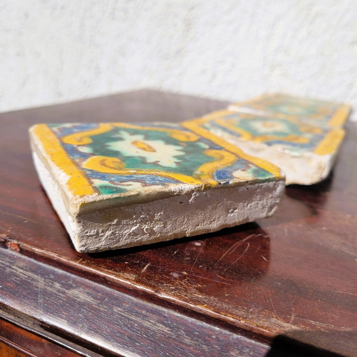 Set Of 6 Polychrome Glazed Earthenware Tiles, From Various Periods-photo-7