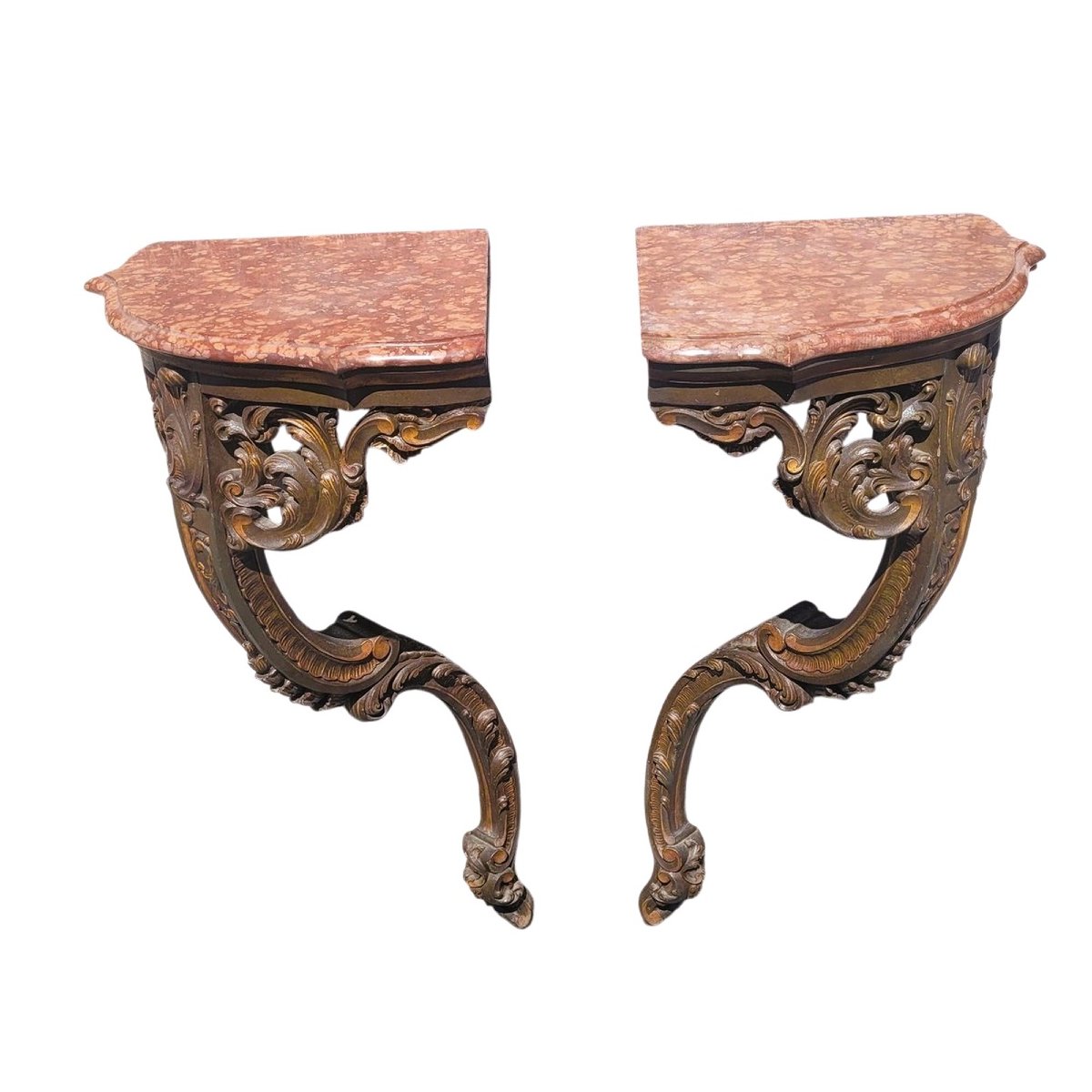 Pair Of Corner Consoles, H 99 Cm, Louis XV Style, Late 19th Century
