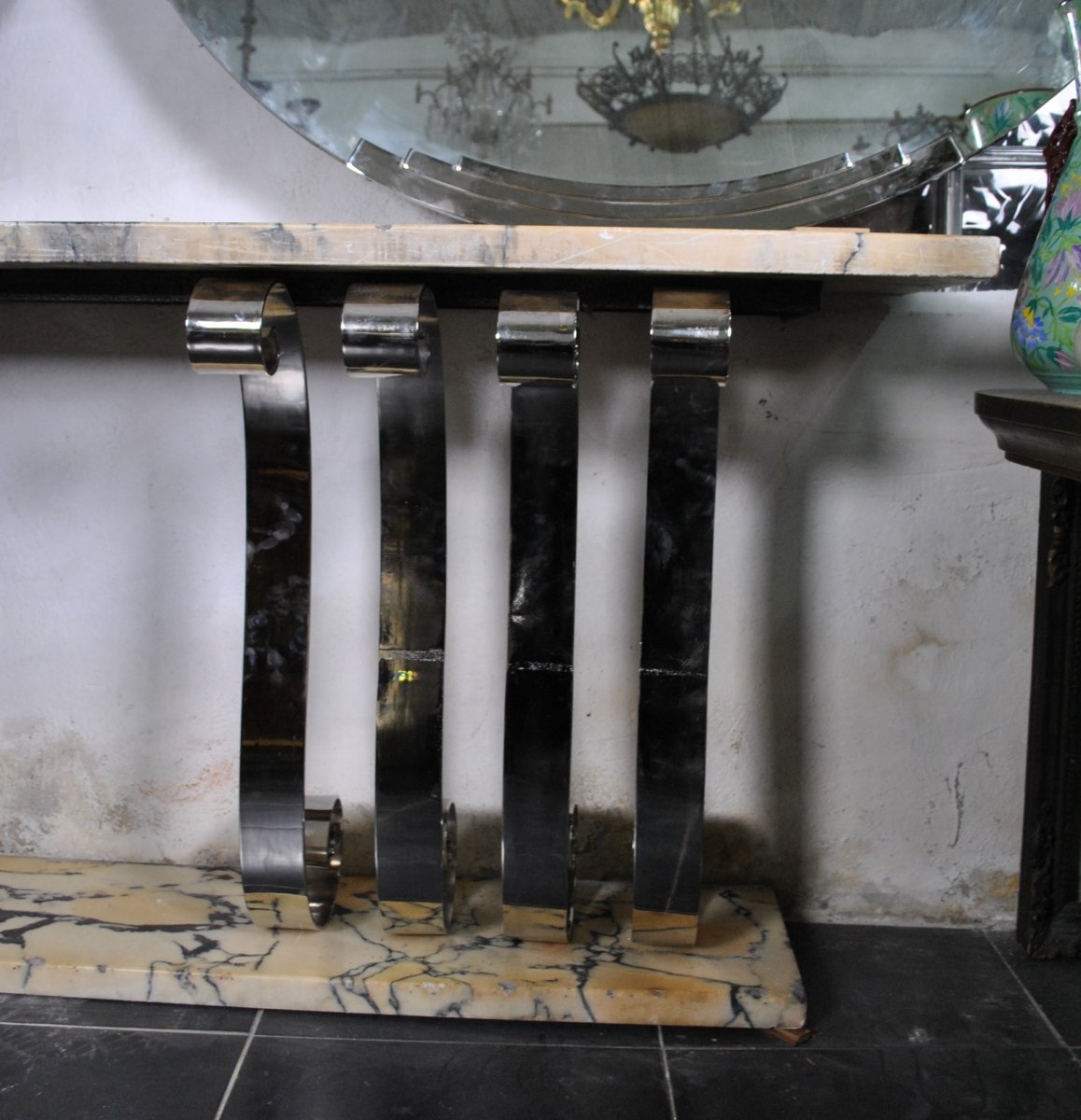 *special Offer *console In Chromium-plated Bronze And Marble, Art Deco, 20th Century-photo-3