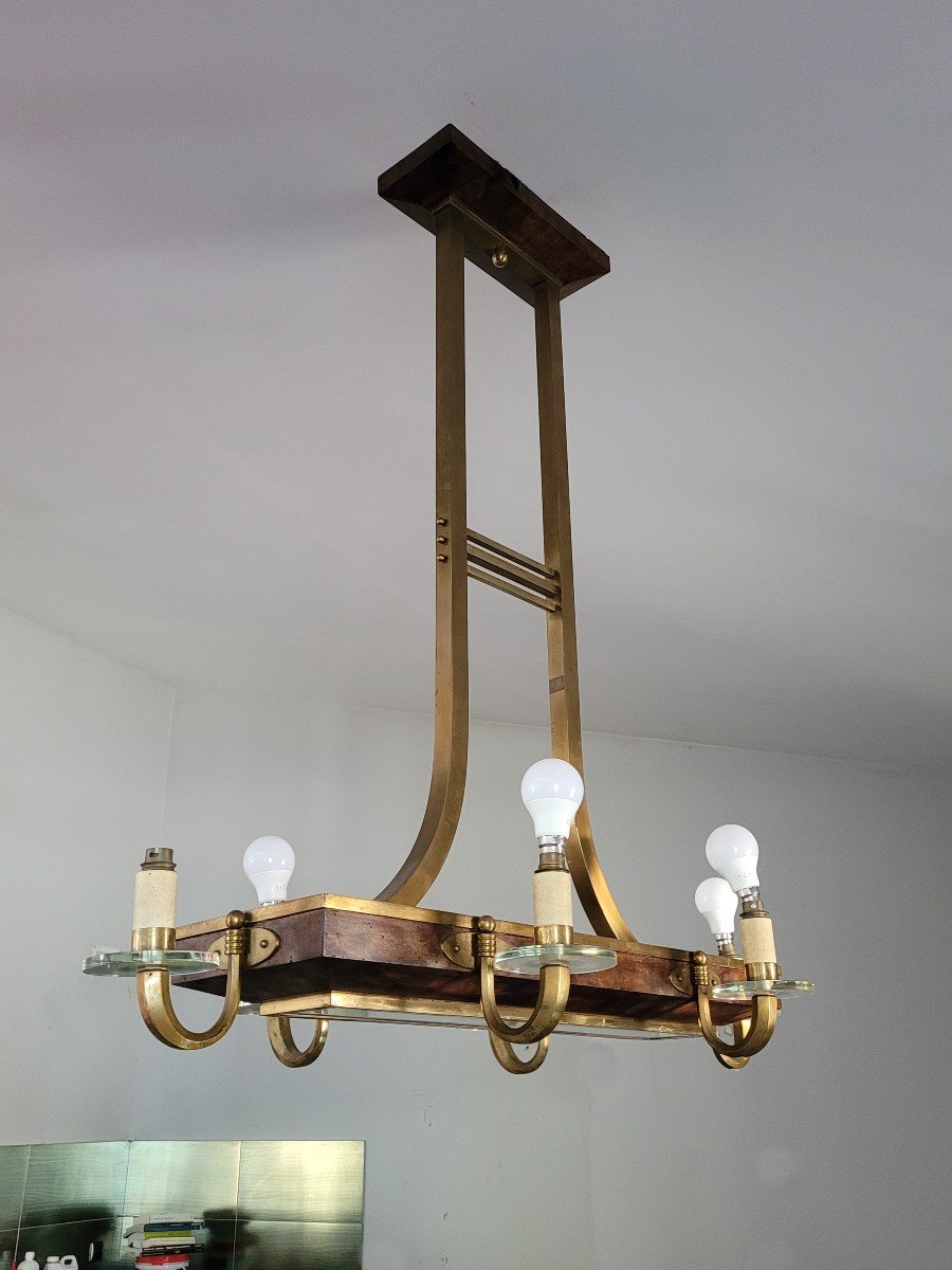 *special Offer *art Deco Chandelier In Wood And Bronze, Circa 1930
