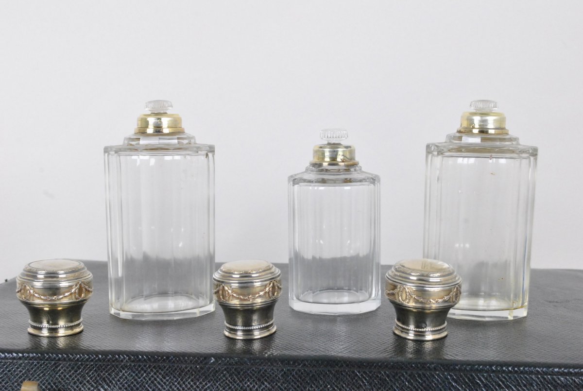 Coffret Nécessaire De Toilette En Cristal Et Argent, Monogrammé,  XIXème Siècle-photo-8
