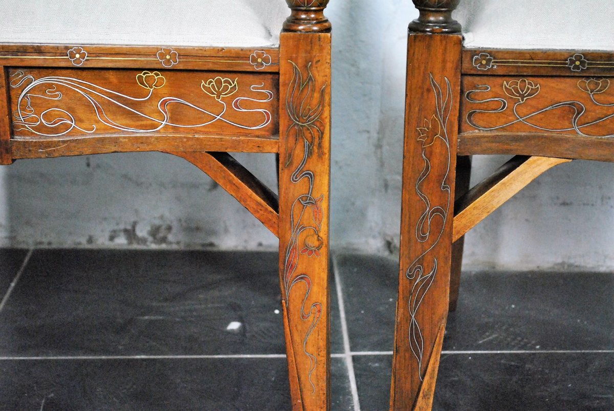 *Offre spéciale *Salon Attribué à E Quarti, En Bois Incrusté De Laiton, Art Nouveau, XXème -photo-3