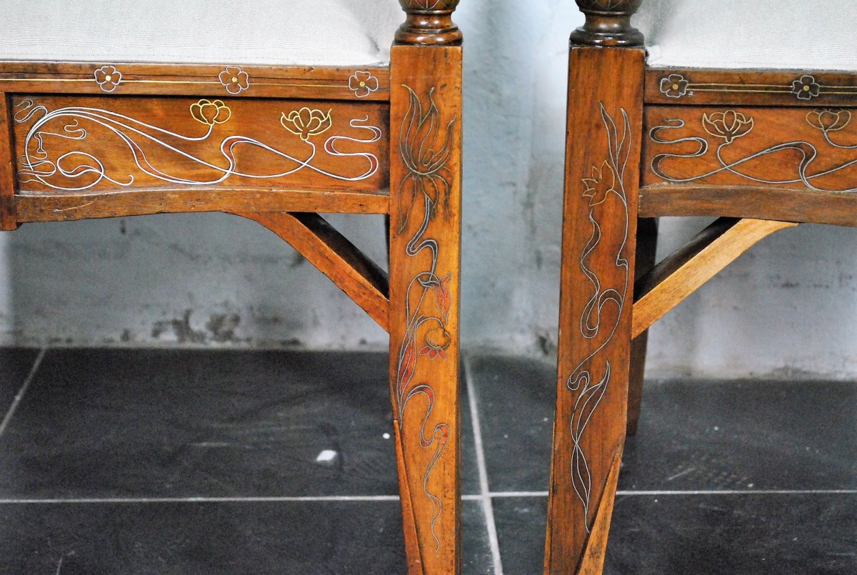 Salon Set  Attributed To E Quarti, In Wood Inlaid With Brass, Art Nouveau, XXth Century-photo-3