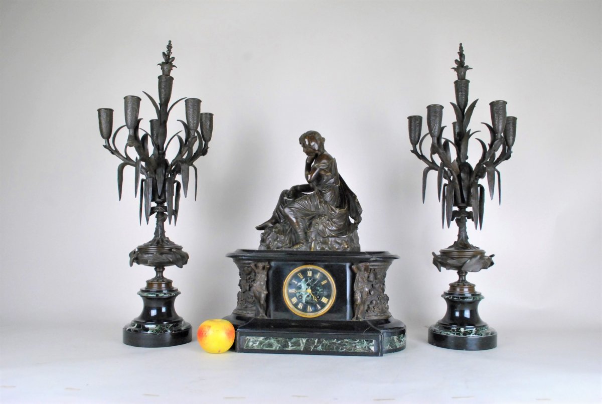 James Pradier, Garniture De Nemausa, Bronze And Marble, XIXth Century