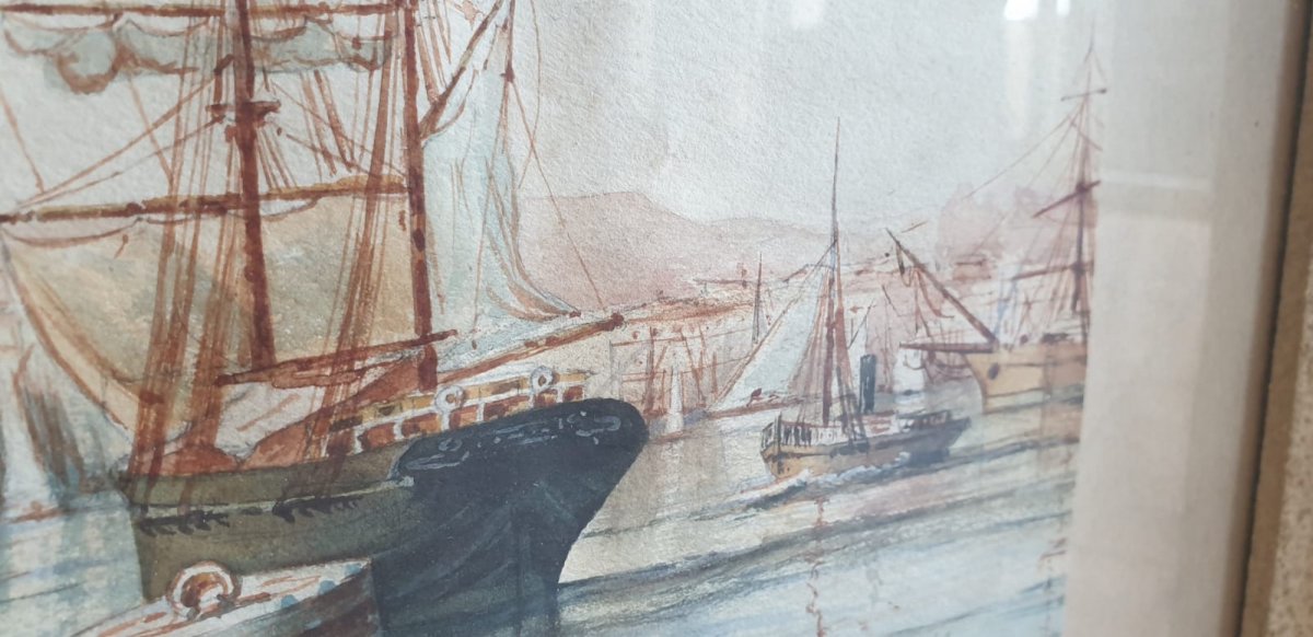 M Achard, Port De Marseille - Fort Saint Jean, Aquarelle Signée XIXème siècle-photo-6