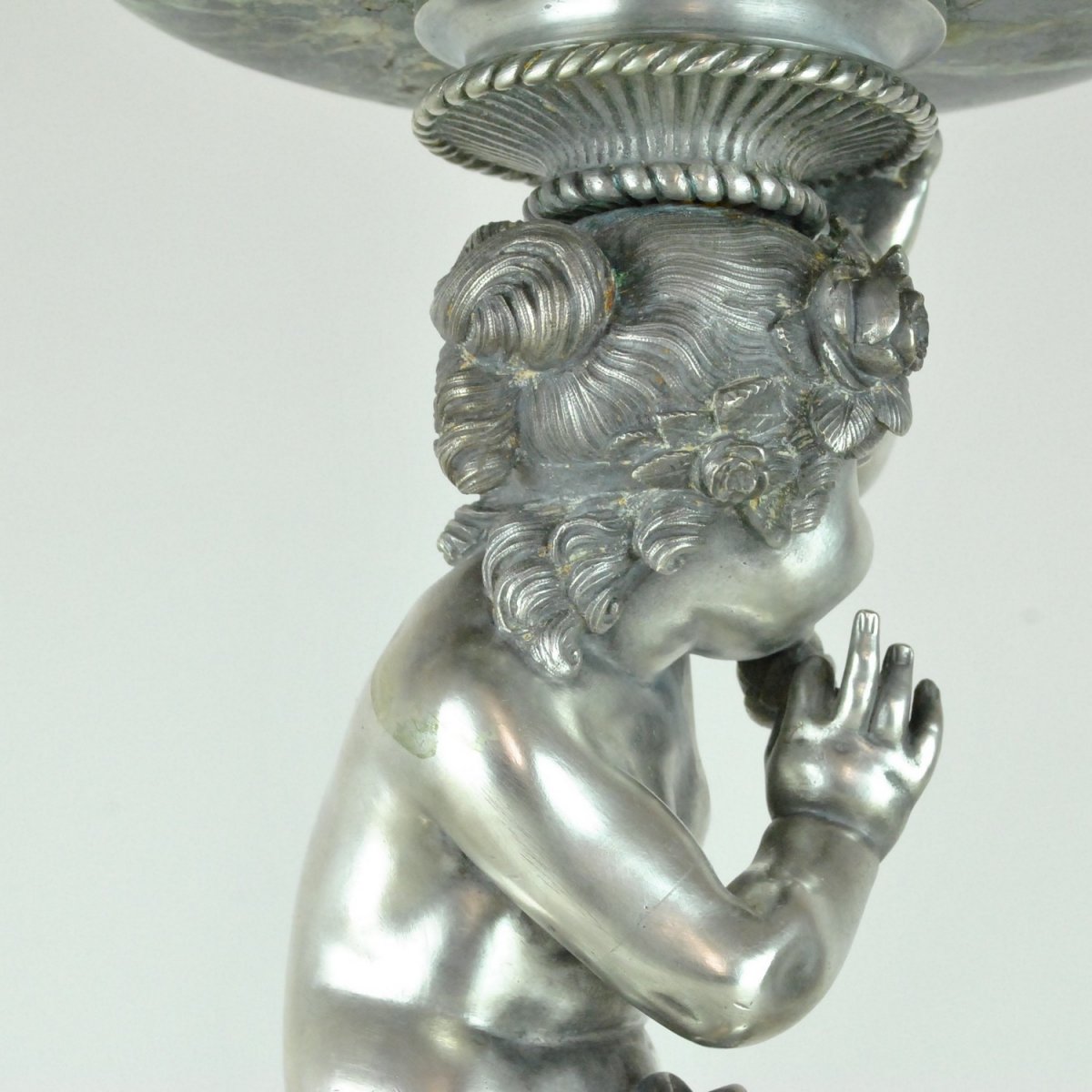 Coupe En Marbre Et Putto En Bronze Argenté, 19eme Siècle-photo-4