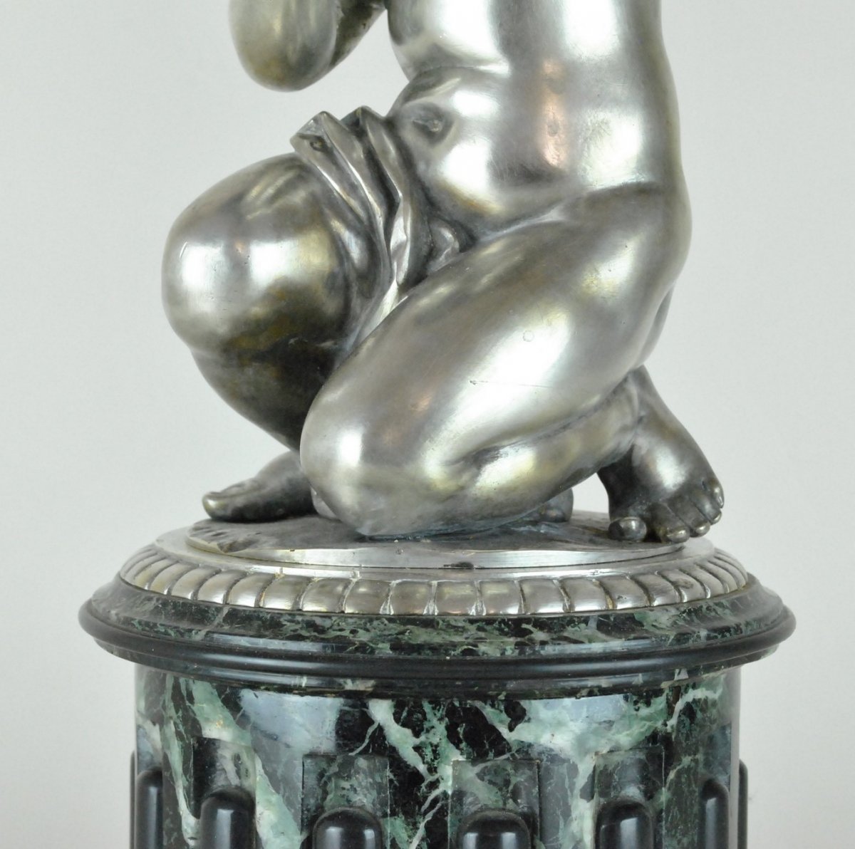 Coupe En Marbre Et Putto En Bronze Argenté, 19eme Siècle-photo-1