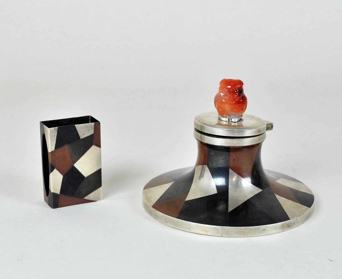 Inkwell And Matchbox In Enamelled Silver-plated Metal, Yamanaka, Art Deco 20th Century