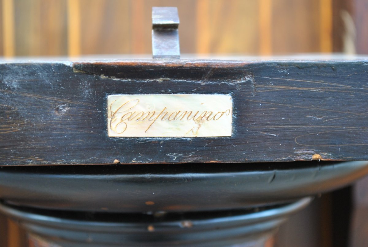 "Campanino" table en marqueterie de bois exotique, signée, 19ème siècle-photo-2