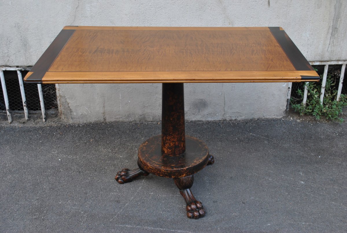 "Campanino" table en marqueterie de bois exotique, signée, 19ème siècle