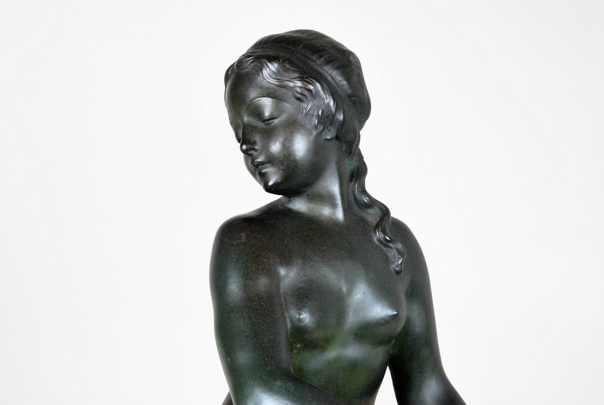 G Gori, Large Bronze Running Woman With A Doe, XXth Century-photo-1