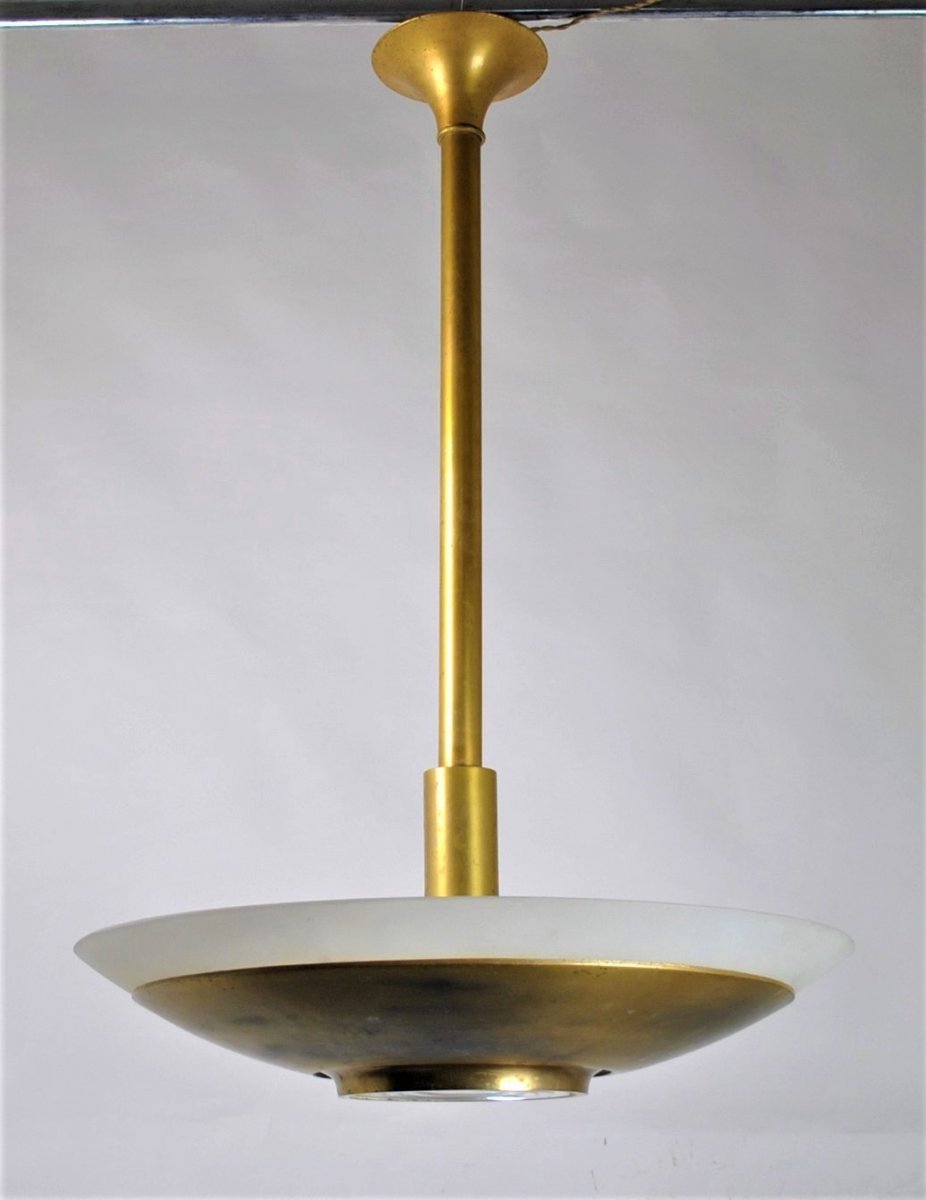 J Perzel, Large Chandelier In Brass And Glass, Art Deco, 1st Half Of The 20th Century-photo-3