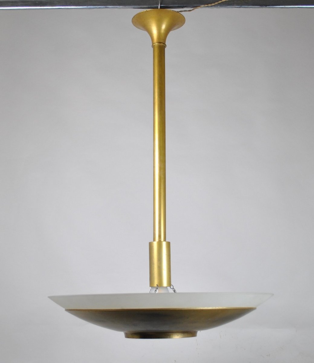 J Perzel, Large Chandelier In Brass And Glass, Art Deco, 1st Half Of The 20th Century-photo-1