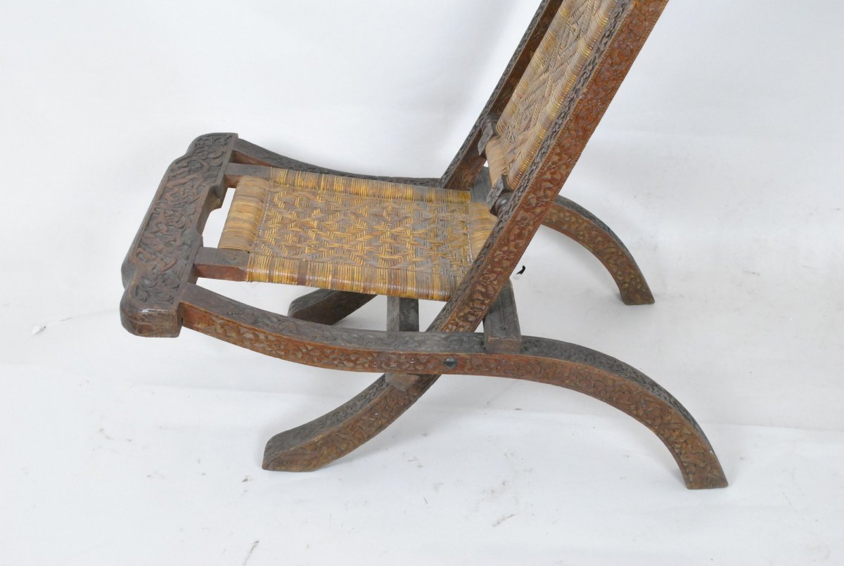 Folding Chair In Exotic Wood Carved And Canning, Asia, Late XIXth/ Early XXth Century-photo-1