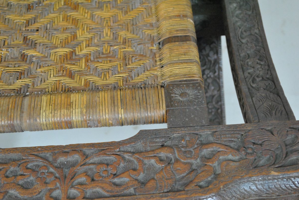 Folding Chair In Exotic Wood Carved And Canning, Asia, Late XIXth/ Early XXth Century-photo-6